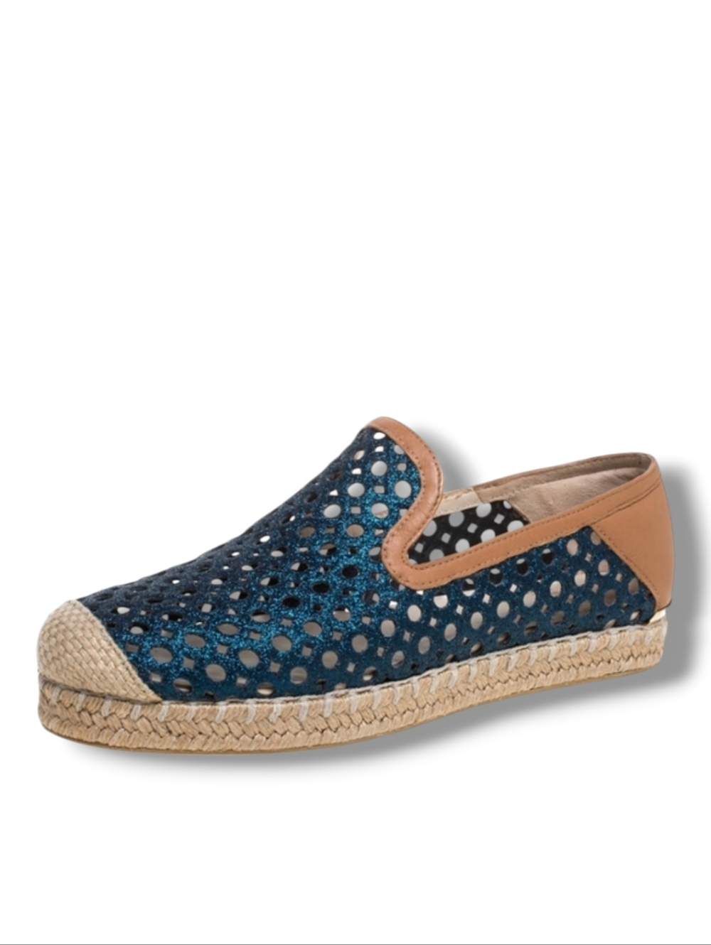 Stuart Weitzman Metallic Blue Glitter Laser Cut County Espadrilles Size EU 40